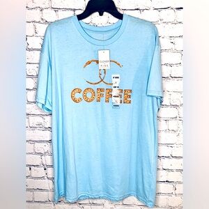 Clover + Pine Women’s Large Funny Coffee Lovers T-Shirt Baby Blue- NWT